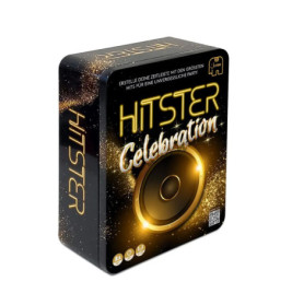 Schwarze und goldene Box des Spiels Hitster Celebration mit funkelnden Akzenten und auffälliger Schrift.