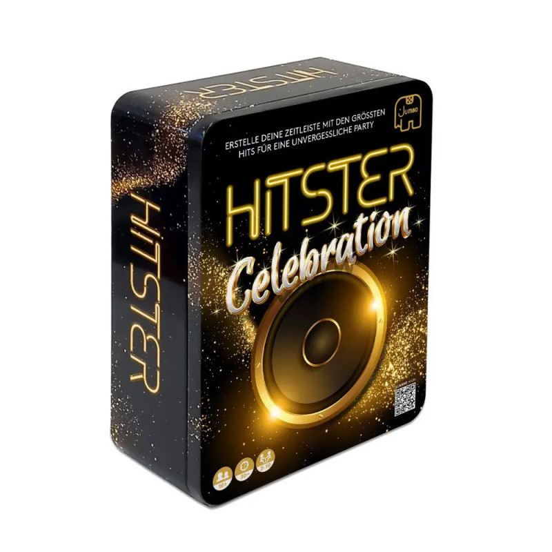 Schwarze und goldene Box des Spiels Hitster Celebration mit funkelnden Akzenten und auffälliger Schrift.