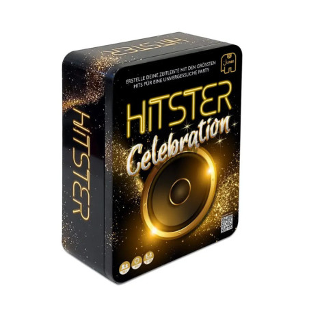 Schwarze und goldene Box des Spiels Hitster Celebration mit funkelnden Akzenten und auffälliger Schrift.