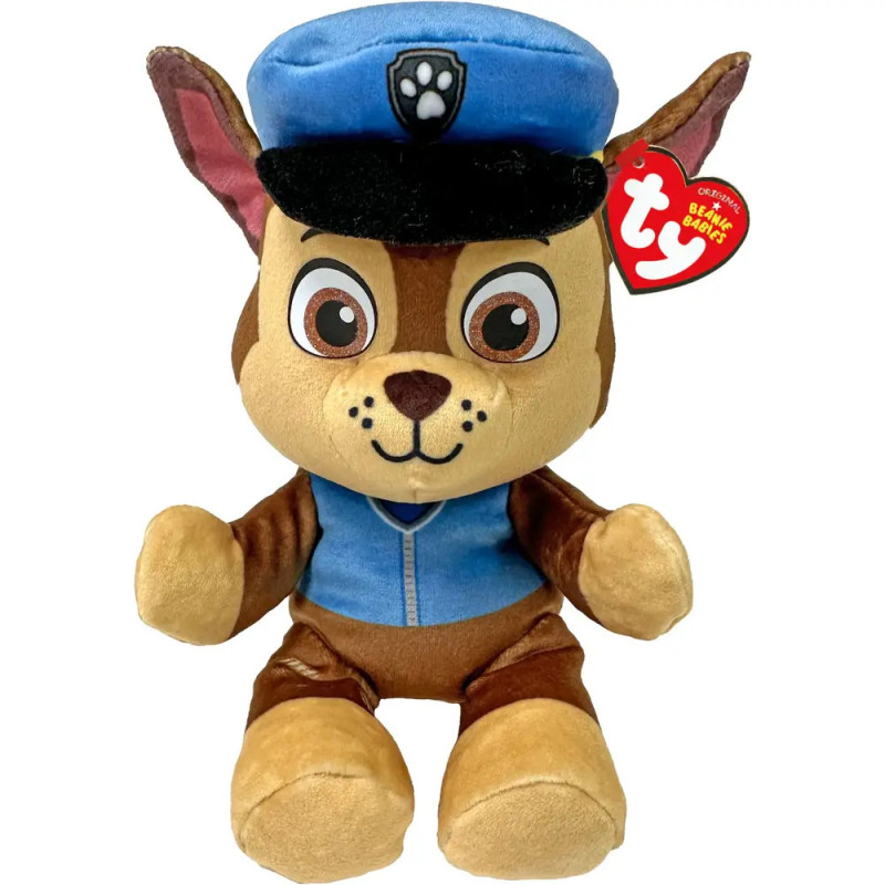Plüschhund in blauer Polizeiuniform und Mütze, am Ohr ein TY Beanie Babies Etikett.