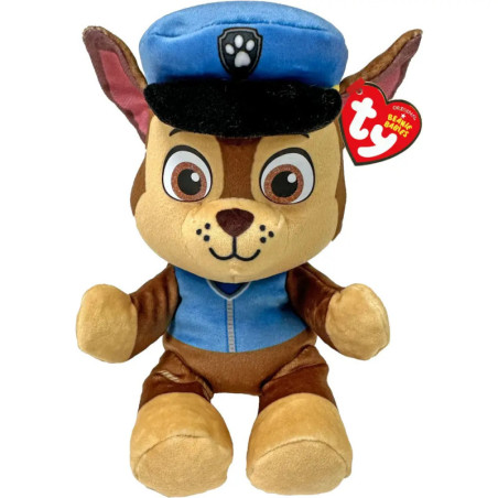 Plüschhund in blauer Polizeiuniform und Mütze, am Ohr ein TY Beanie Babies Etikett.