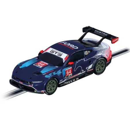 Modellauto eines blau-roten Ford Mustang Rennwagens mit der Nummer 64 und diversen Sponsorenaufklebern.