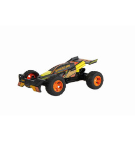 Schwarz-gelbes ferngesteuertes Rennauto mit orangenen Rädern vor weißem Hintergrund.