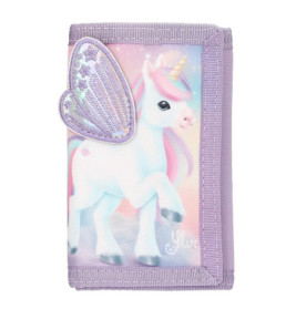 Pastellfarbene Geldbörse mit Einhorn und lila bestickten Flügeln, lavendelfarbene Umrandung.