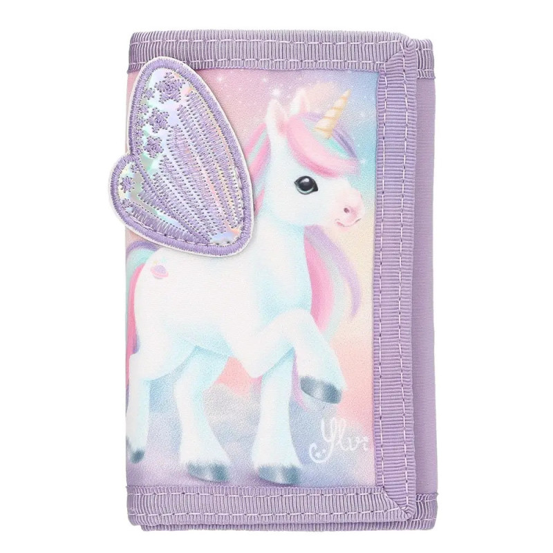 Pastellfarbene Geldbörse mit Einhorn und lila bestickten Flügeln, lavendelfarbene Umrandung.