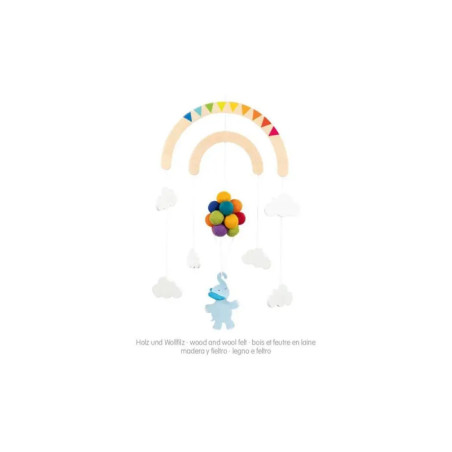 Ein Regenbogen-Mobil mit bunten Kugeln, weißen Wolken und einem darunter hängenden blauen Dinosaurier.