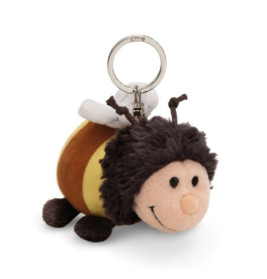 Plüsch-Bienen-Schlüsselanhänger mit lachendem Gesicht, braunen Streifen, Flügeln und Metallring.