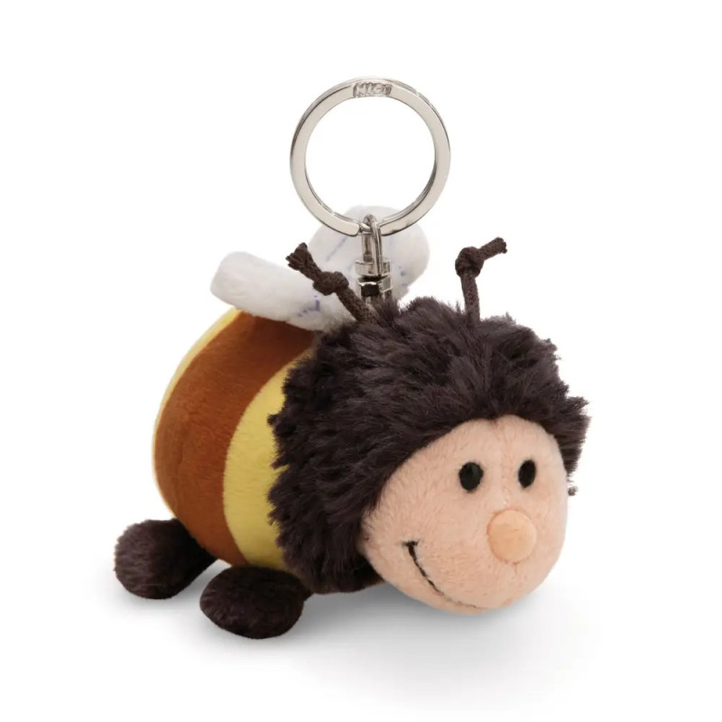 Plüsch-Bienen-Schlüsselanhänger mit lachendem Gesicht, braunen Streifen, Flügeln und Metallring.