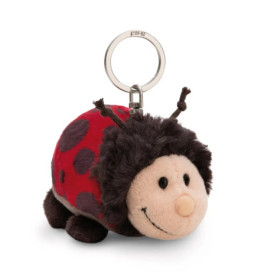 Plüsch-Marienkäfer-Schlüsselanhänger mit lächelndem Gesicht, rotem Körper, dunklen Punkten und weicher Oberfläche.