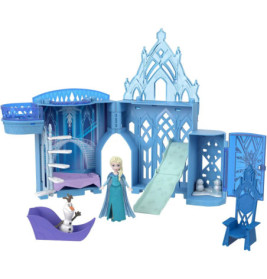 Frozen-Spielset mit Elsa-Puppe, Olaf-Figur, Rutsche, Wendeltreppe und eisblauen Schlossdetails.