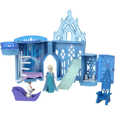 Frozen-Spielset mit Elsa-Puppe, Olaf-Figur, Rutsche, Wendeltreppe und eisblauen Schlossdetails.