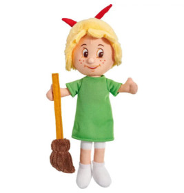 Plüschpuppe mit blondem Haar, roten Hörnern, grünem Kleid, Besen in der Hand, weißen Schuhen und lächelndem Gesicht.