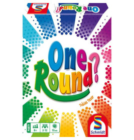 Bunte One Round-Spielschachtel mit Regenbogenschrift, Spielersymbolen, ab 8 Jahren und 15 Minuten Spieldauer.