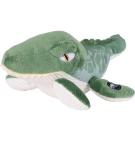 Grünes und weißes Plüschkrokodil mit schläfrigem Blick liegt auf dem Bauch.