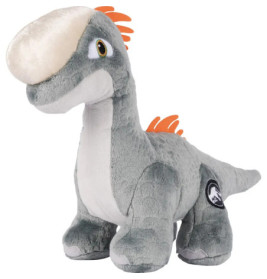 Graues Plüsch-Dinosaurier-Spielzeug mit orangefarbenen Stacheln und großer, cremefarbener Beule am Kopf.