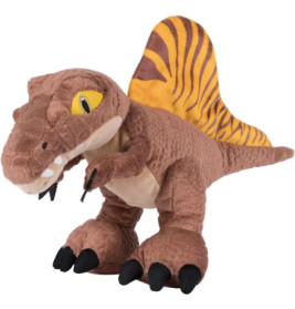 Braunes Dinosaurier-Plüschtier mit gelb gestreiftem Rückensegel und schwarzen Krallen.