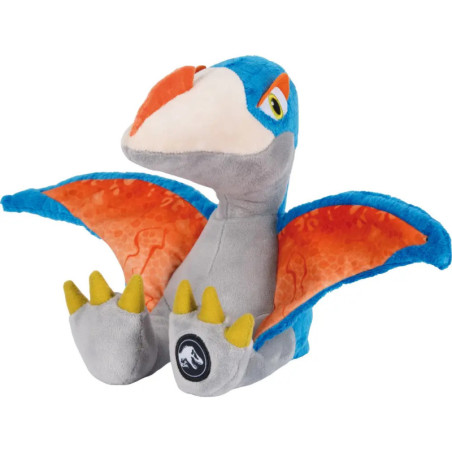 Blau-orangefarbener Plüsch-Pterosaurier mit ausgebreiteten Flügeln und Jurassic Park-Logo am Fuß.