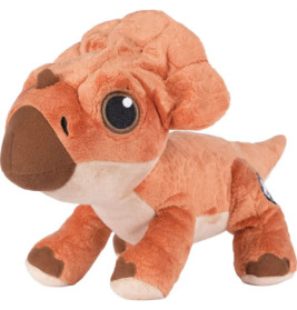 Oranges Plüsch-Dinosaurier-Spielzeug mit großen Augen und weichem Körper, ähnelt einem Baby-Triceratops.