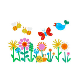 Cartoon-Bienen, Schmetterling, Vogel und Schnecke zwischen bunten Blumen auf weißem Hintergrund.