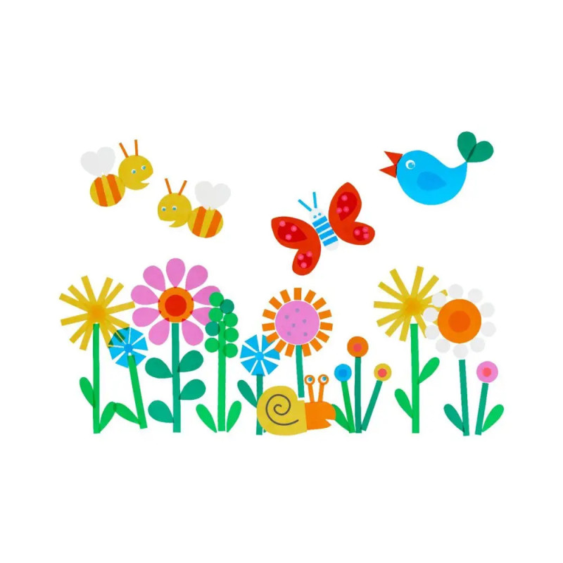 Cartoon-Bienen, Schmetterling, Vogel und Schnecke zwischen bunten Blumen auf weißem Hintergrund.