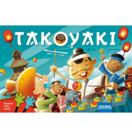 Karikierte Köche und Kinder bereiten auf einem festlichen Markt mit Laternen und einer Pagode Takoyaki zu.
