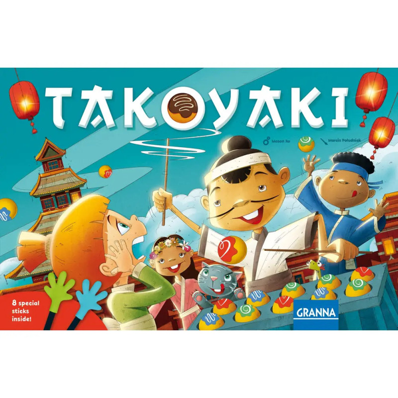 Karikierte Köche und Kinder bereiten auf einem festlichen Markt mit Laternen und einer Pagode Takoyaki zu. Karikierte Köche und Kinder bereiten auf einem festlichen Markt mit Laternen und einer Pagode Takoyaki zu.