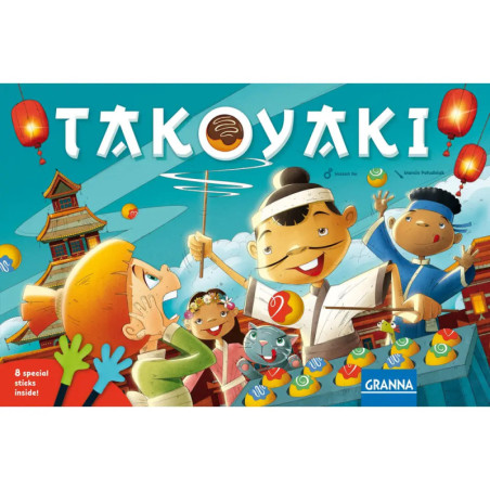 Karikierte Köche und Kinder bereiten auf einem festlichen Markt mit Laternen und einer Pagode Takoyaki zu. Karikierte Köche und Kinder bereiten auf einem festlichen Markt mit Laternen und einer Pagode Takoyaki zu.