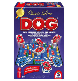Boxcover des Brettspiels DOG mit Karten, Spielsteinen und Spielbrett auf blauem Hintergrund.