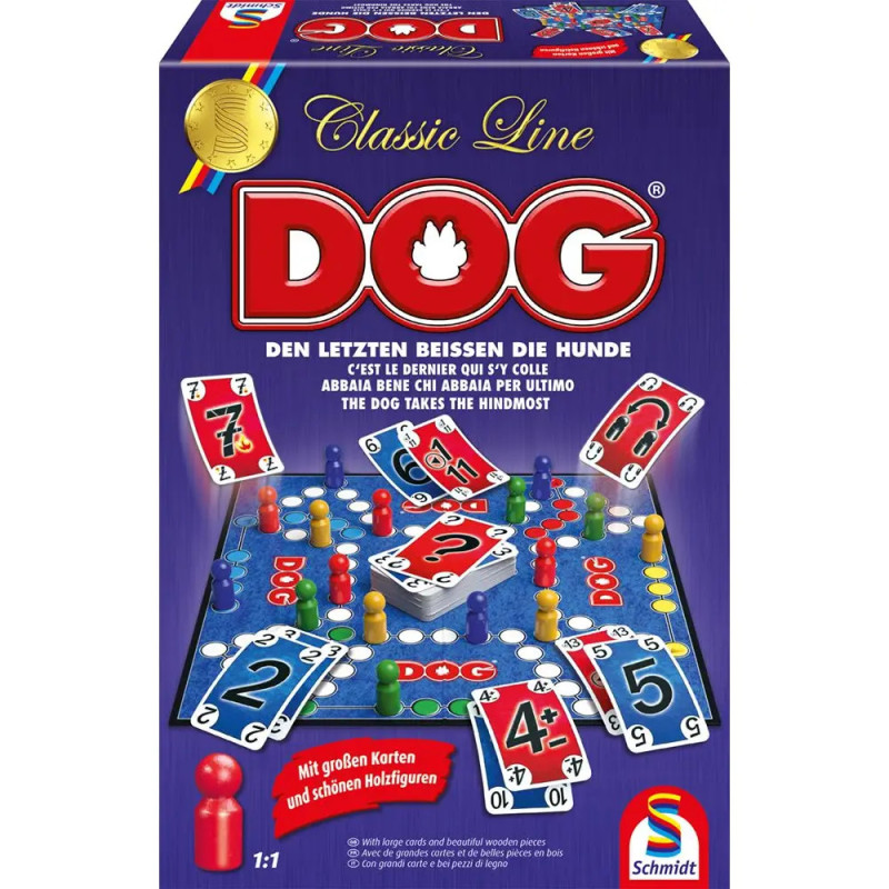 Boxcover des Brettspiels DOG mit Karten, Spielsteinen und Spielbrett auf blauem Hintergrund.