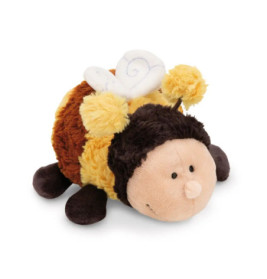 Plüschfigur in Bienenform mit gelben und braunen Streifen, Flügeln und Fühlern.