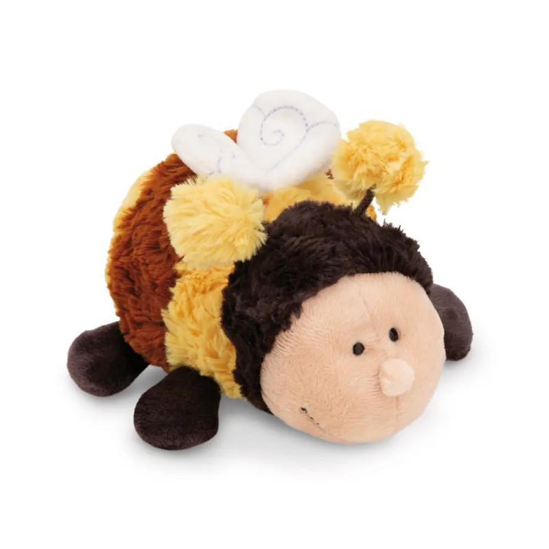 Plüschfigur in Bienenform mit gelben und braunen Streifen, Flügeln und Fühlern.