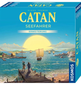 Catan Seefahrer: Spielbox mit Dorfbewohnern am Meer, Booten und untergehender Sonne.