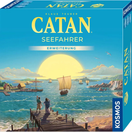 Catan Seefahrer: Spielbox mit Dorfbewohnern am Meer, Booten und untergehender Sonne.