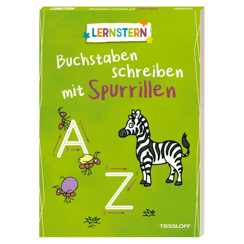 Grünes Arbeitsheft mit Zebra, Insekten und großen Buchstaben A und Z mit Nachspurlinien.