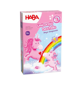 Box des Unicornio Destello Bingo-Spiels mit pinken Einhörnern, Regenbogen, Wolken und Schmetterling auf dem Cover.