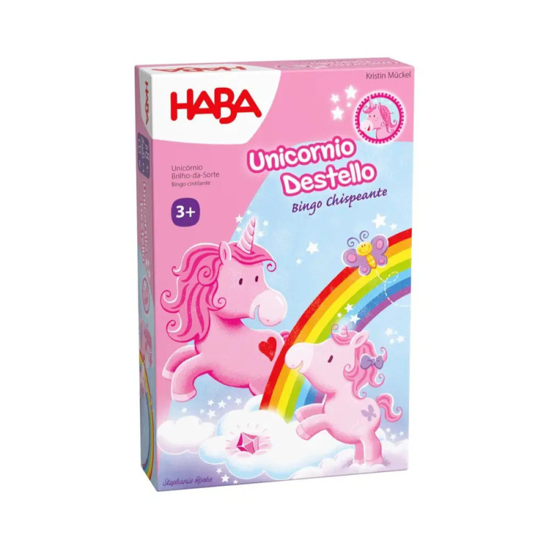 Box des Unicornio Destello Bingo-Spiels mit pinken Einhörnern, Regenbogen, Wolken und Schmetterling auf dem Cover.