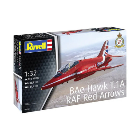 Revell Bausatz einer roten BAe Hawk T.1A RAF Red Arrows, Maßstab 1:32, enthält 170 Teile. Revell Bausatz einer roten BAe Hawk T.1A RAF Red Arrows, Maßstab 1:32, enthält 170 Teile.