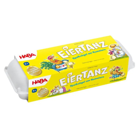 Gelbe Schachtel mit Aufschrift Eiertanz und Comic-Hühnern, ähnelt optisch einem Eierkarton.