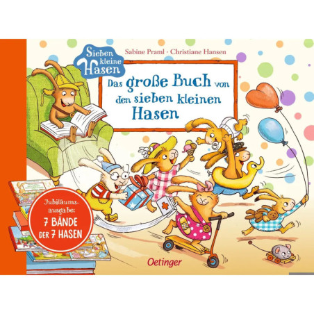 Sieben spielende Kaninchen lesen, malen und spielen in einem bunten Wohnzimmer mit Büchern und Spielzeug.