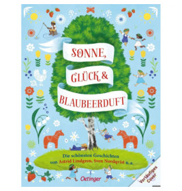 Buntes Buchcover mit Kindern, Tieren und großem Baum Titel: Sonne, Glück & Blaubeerduft.