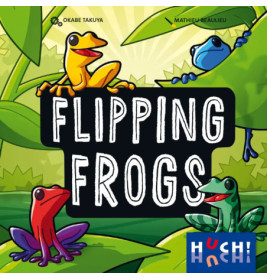 Vier bunte Cartoon-Frösche sitzen auf Blättern um das Flipping Frogs Spiel-Logo vor blättrigem Hintergrund.