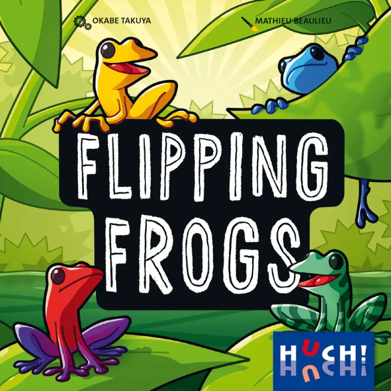 Vier bunte Cartoon-Frösche sitzen auf Blättern um das Flipping Frogs Spiel-Logo vor blättrigem Hintergrund. Vier bunte Cartoon-Frösche sitzen auf Blättern um das Flipping Frogs Spiel-Logo vor blättrigem Hintergrund.