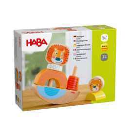 HABA Löwen-Stapelspiel mit bunten Holzbauteilen und Produktinfos auf der Verpackung.