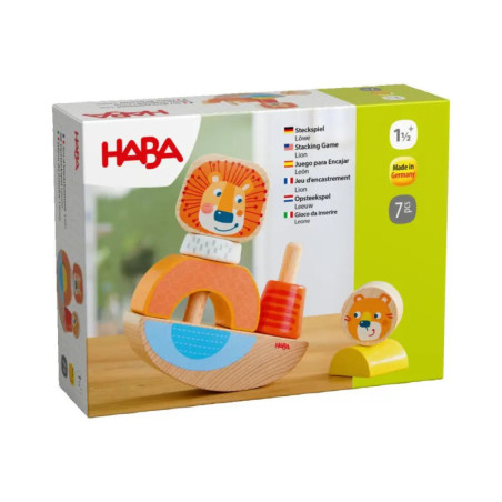 HABA Löwen-Stapelspiel mit bunten Holzbauteilen und Produktinfos auf der Verpackung.