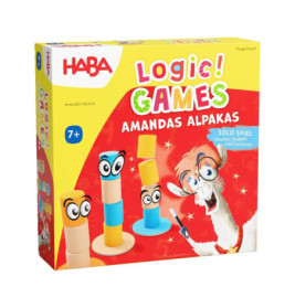 Bunt gestaltete HABA Logic Games Amandas Alpacas Box mit Cartoon-Alpaka und gestapelten, belebten Blöcken.