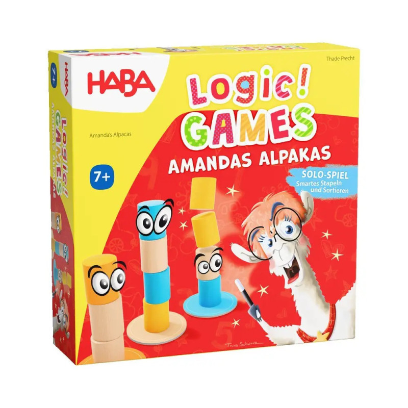 Bunt gestaltete HABA Logic Games Amandas Alpacas Box mit Cartoon-Alpaka und gestapelten, belebten Blöcken.
