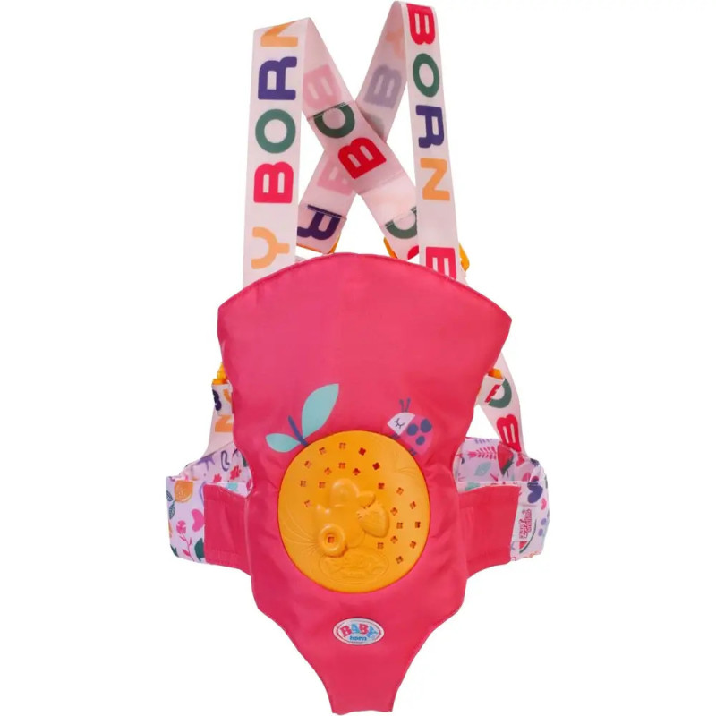 Rosa Babytrage mit bunten Gurten, gelbem Kreis vorne und BORN-Schriftzug auf den Trägern. Rosa Babytrage mit bunten Gurten, gelbem Kreis vorne und BORN-Schriftzug auf den Trägern.