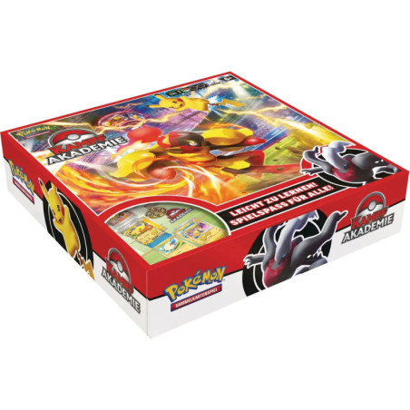 Pokémon Battle Academy Brettspielbox mit Pikachu, Glurak und Spielkarten abgebildet.