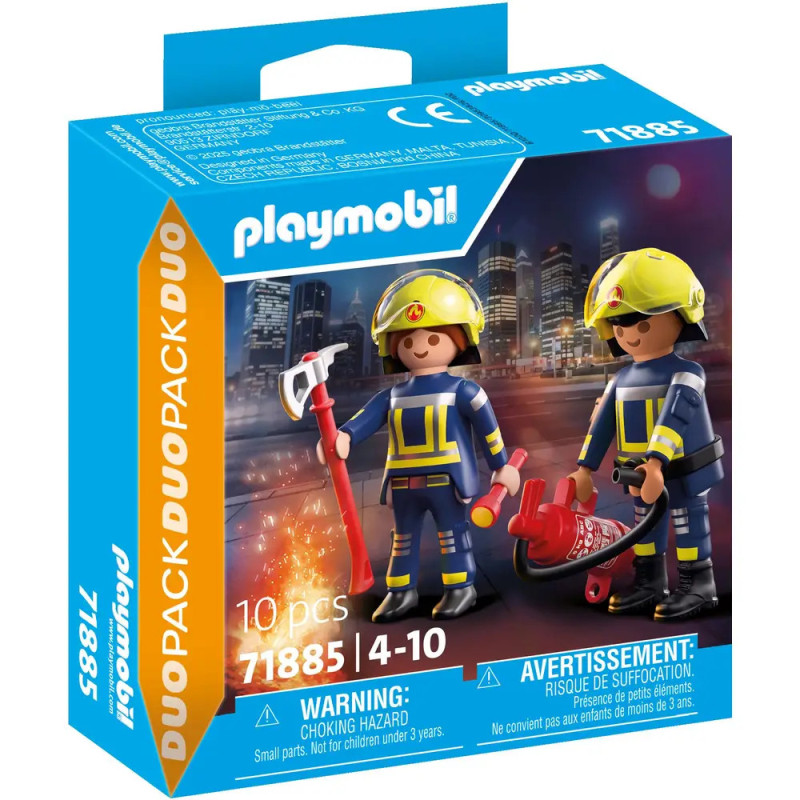Playmobil Duopack: Zwei Feuerwehr-Figuren mit Zubehör vor Stadtkulisse, geeignet für Kinder von 4-10 Jahren.