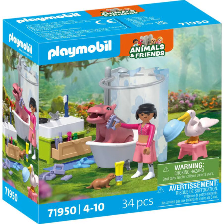 Playmobil Animals & Friends Set mit Mädchenfigur, rosa Dino, Badewanne und Zubehör 34 Teile, ab 4 Jahren.